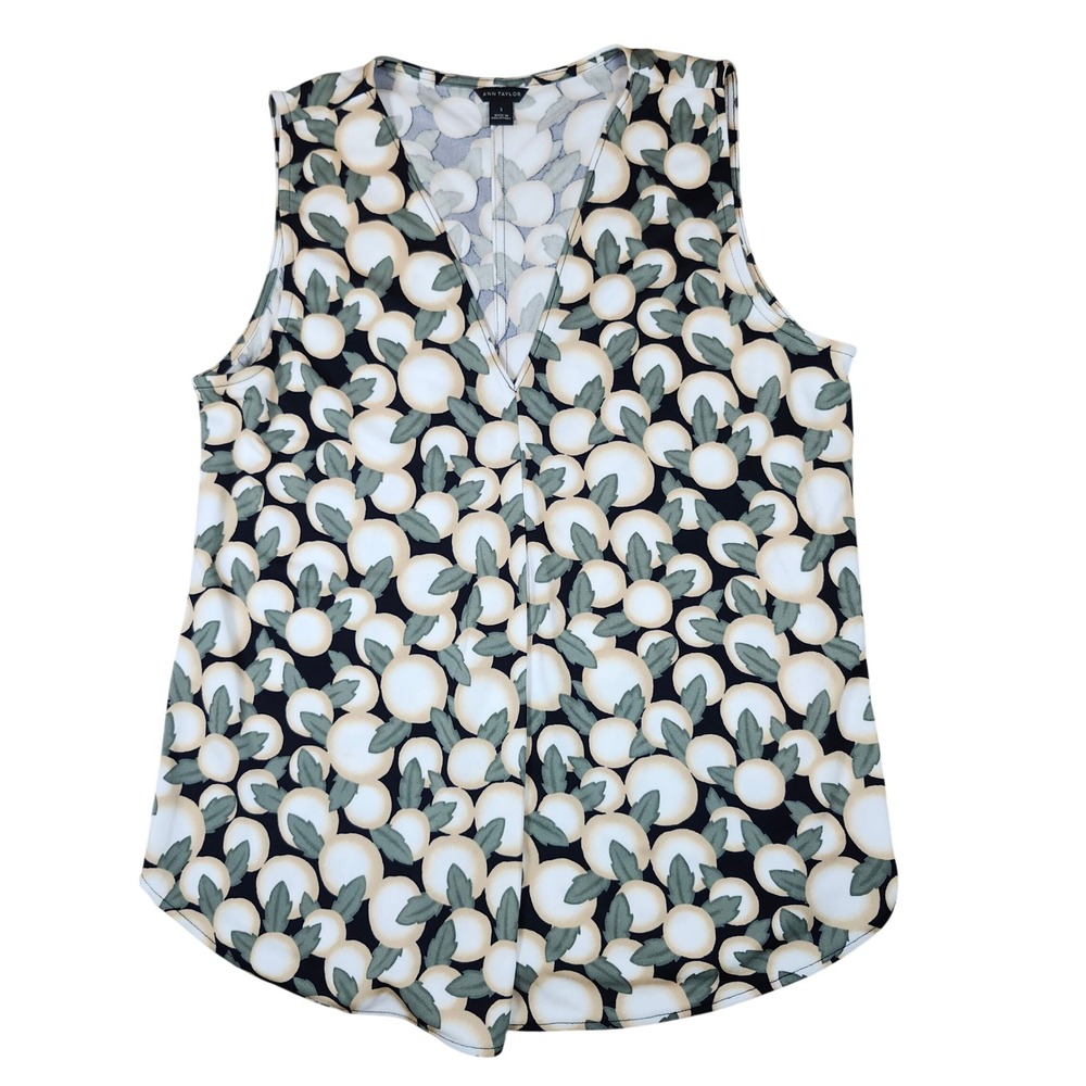 Ann Taylor Tank Top Abstract Floral Fruit Print V-Neck Pleated Blouse Size S